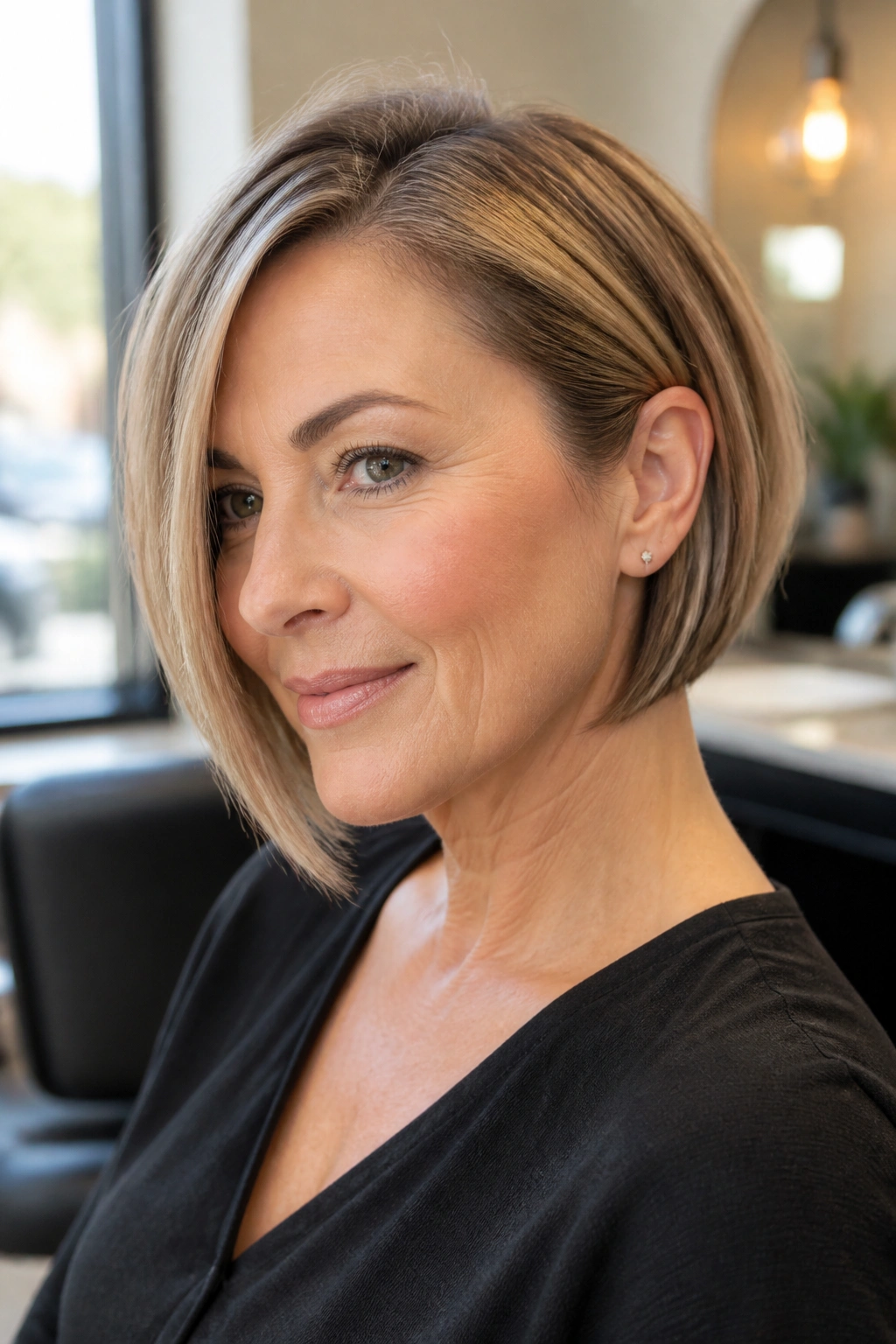 Close-up portrait of a real woman with an inverted bob tucked behind the ear