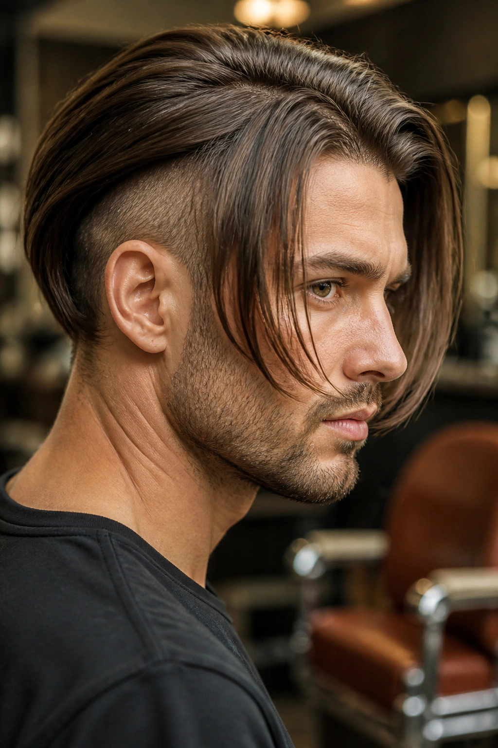Close-up portrait of a man with an undercut inverted bob showing strong contrast.