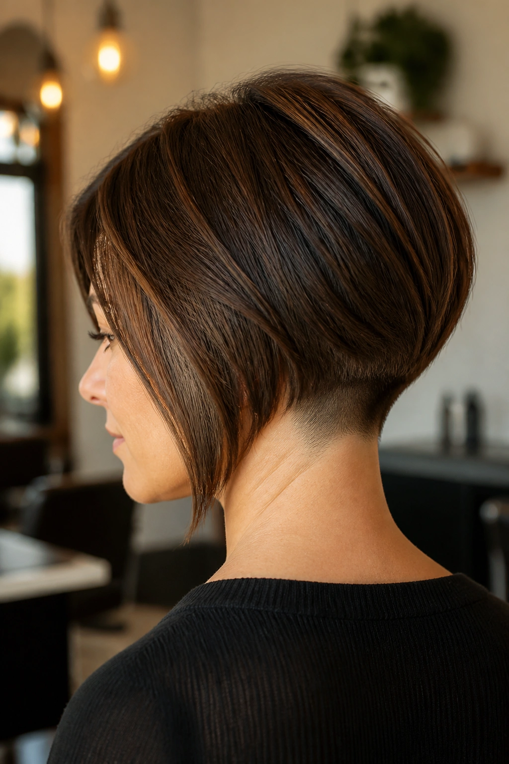 Real woman with inverted bob featuring a subtle nape undercut.
