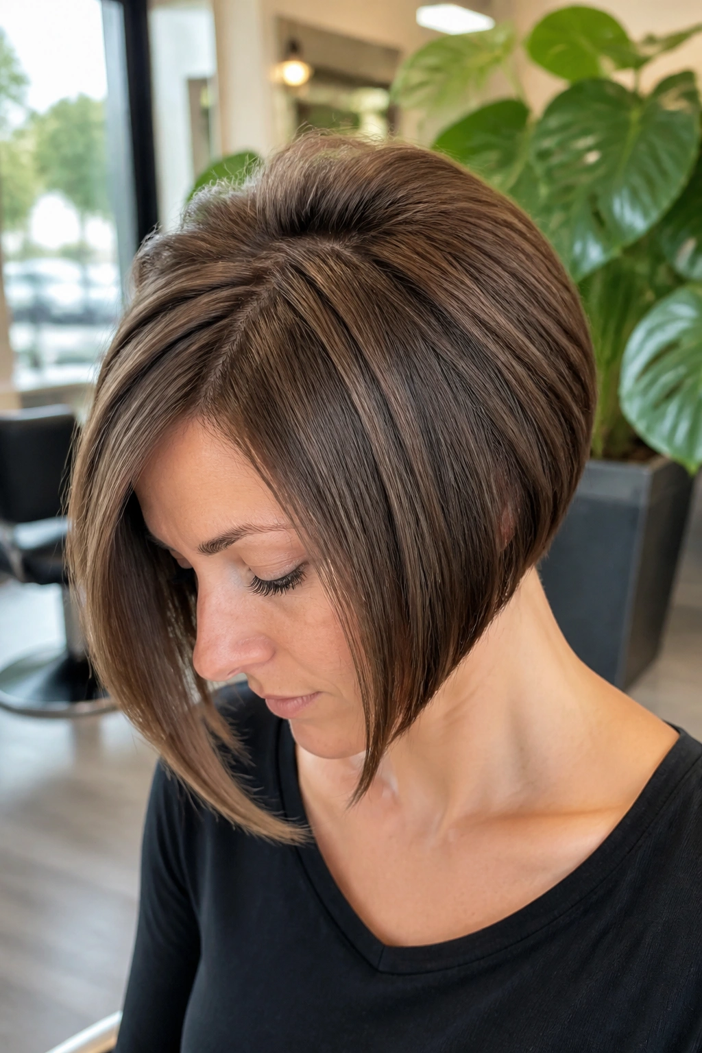 Real woman displaying underlayer volume in inverted bob with hidden layers