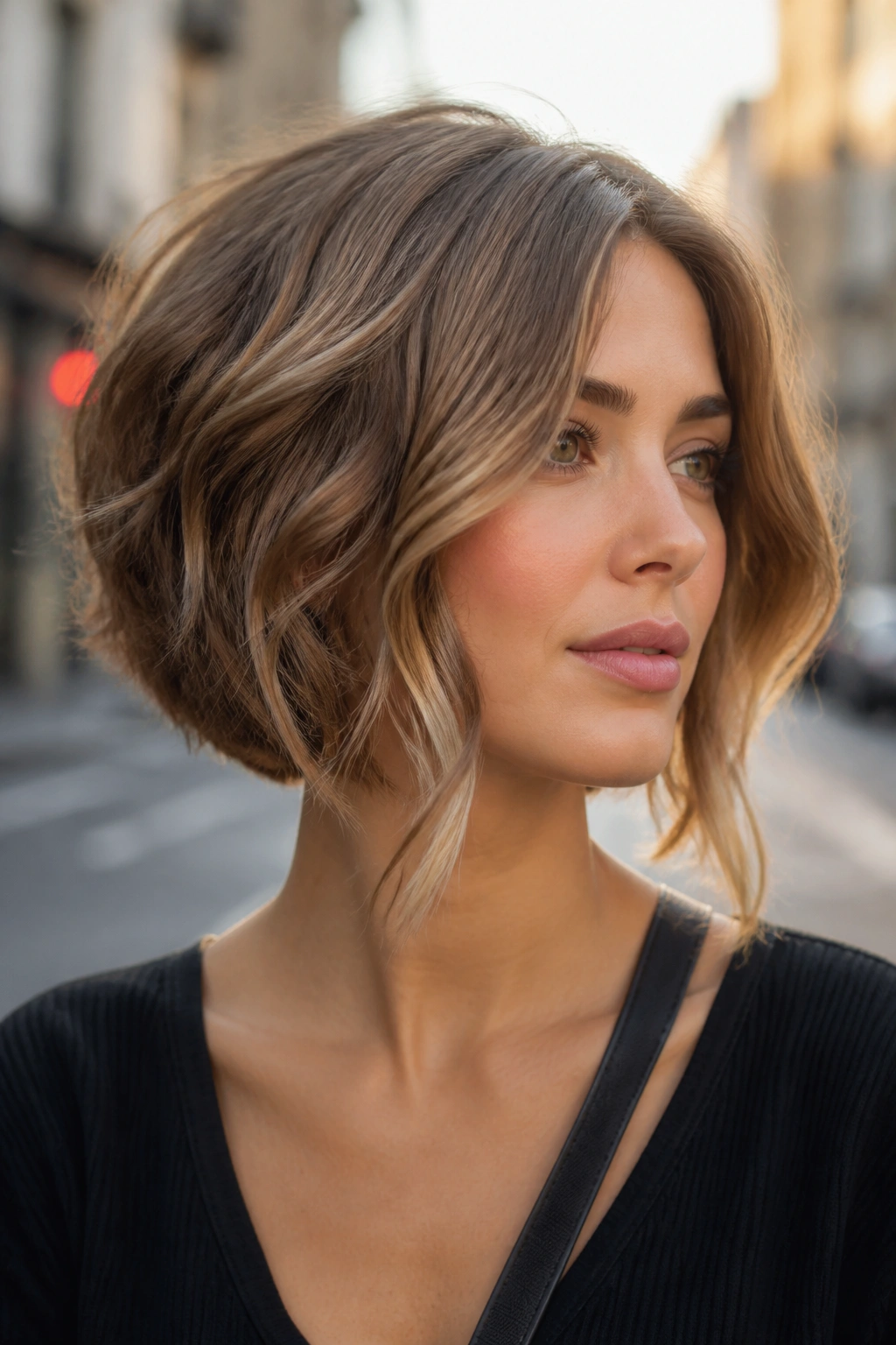 Close-up portrait of a real woman with wavy inverted bob and face-framing pieces.
