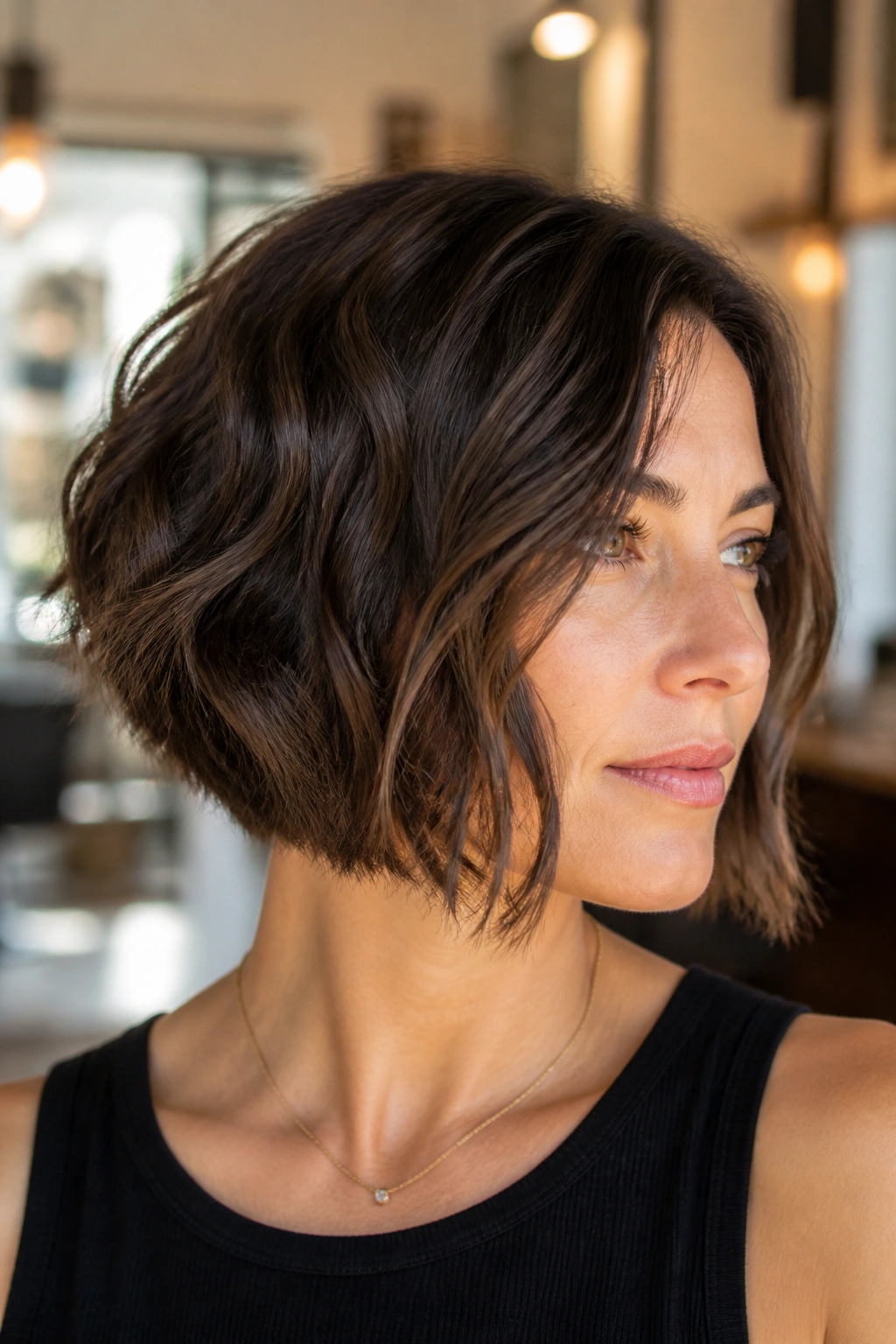 Close-up portrait of a real person with an inverted bob showing stacked back and longer front