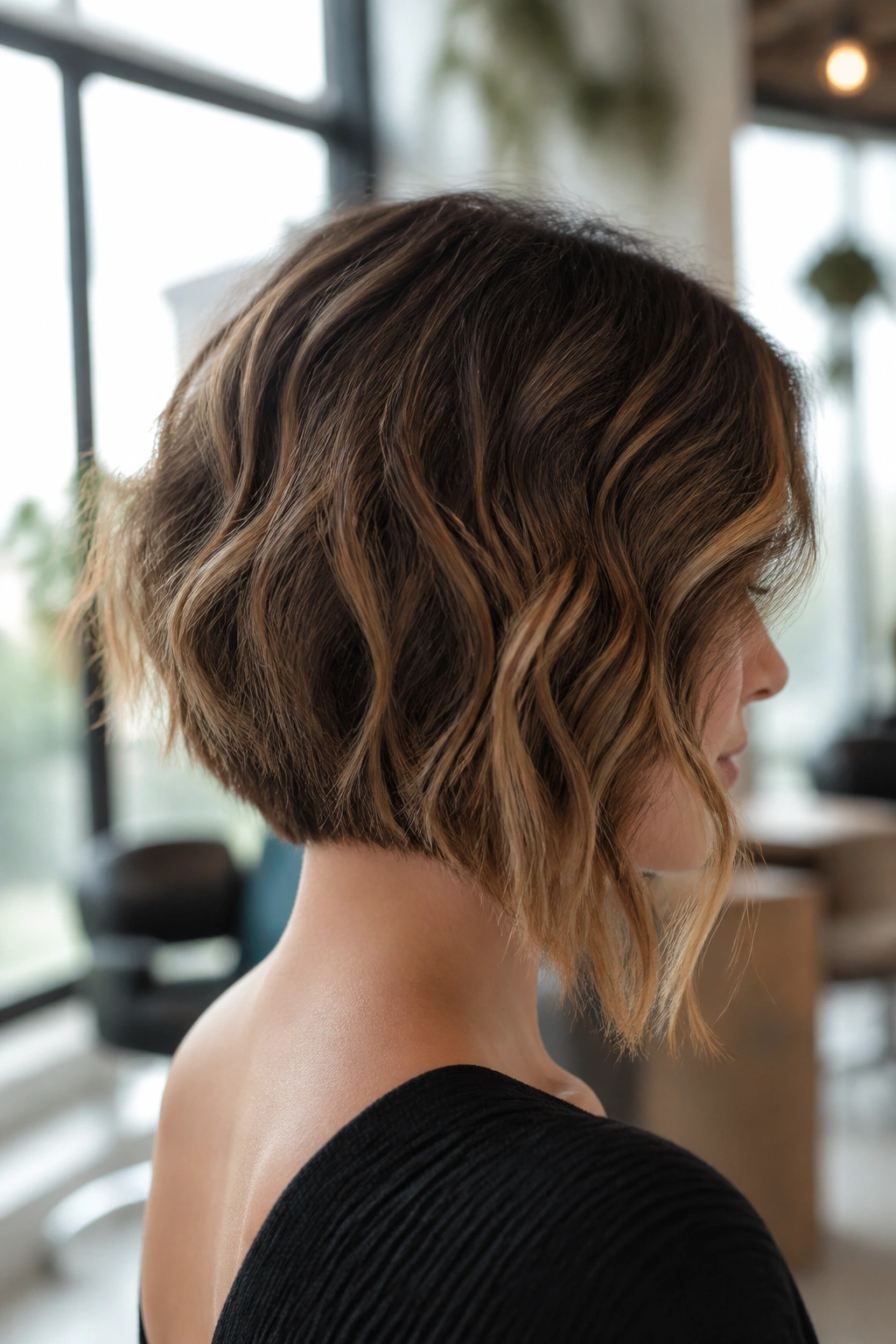Portrait of a real woman with inverted bob for wavy hair, showing shorter back and longer front with soft waves.