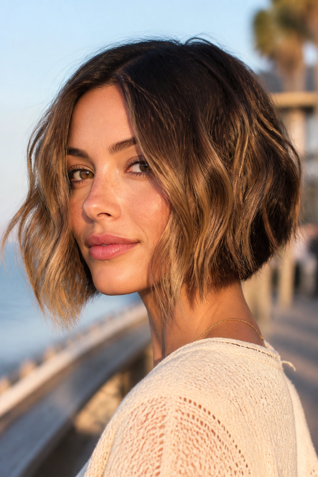 Close-up of a woman with a wavy inverted bob and beach texture