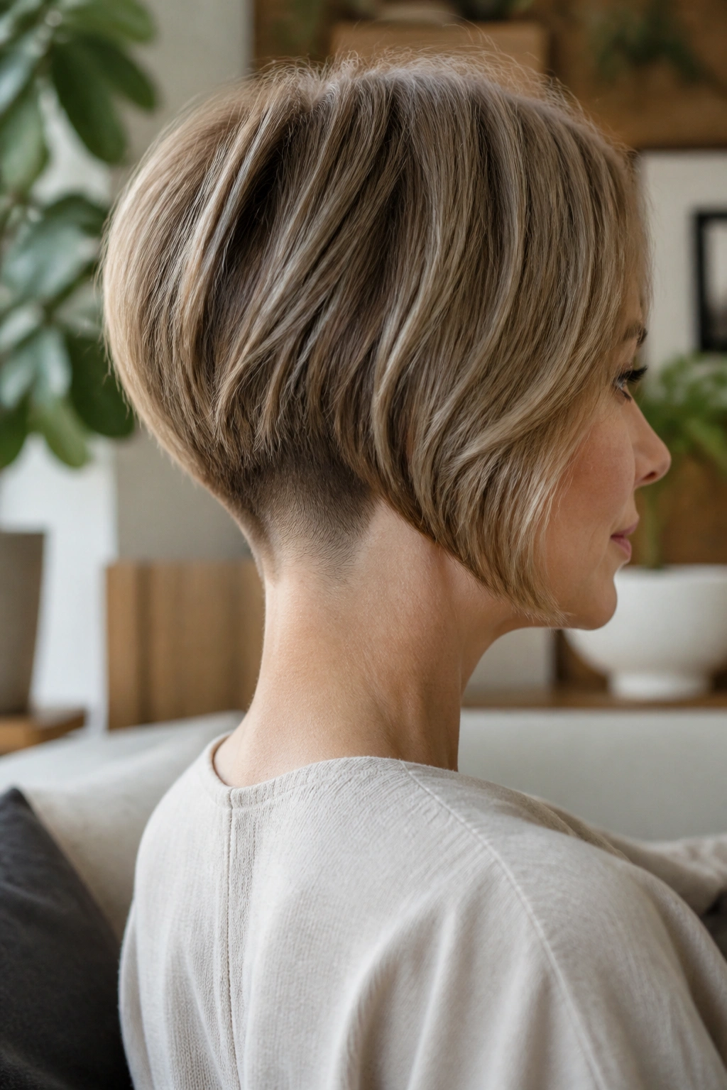Close-up portrait of a real woman with an inverted bob and whisper-short nape in warm light
