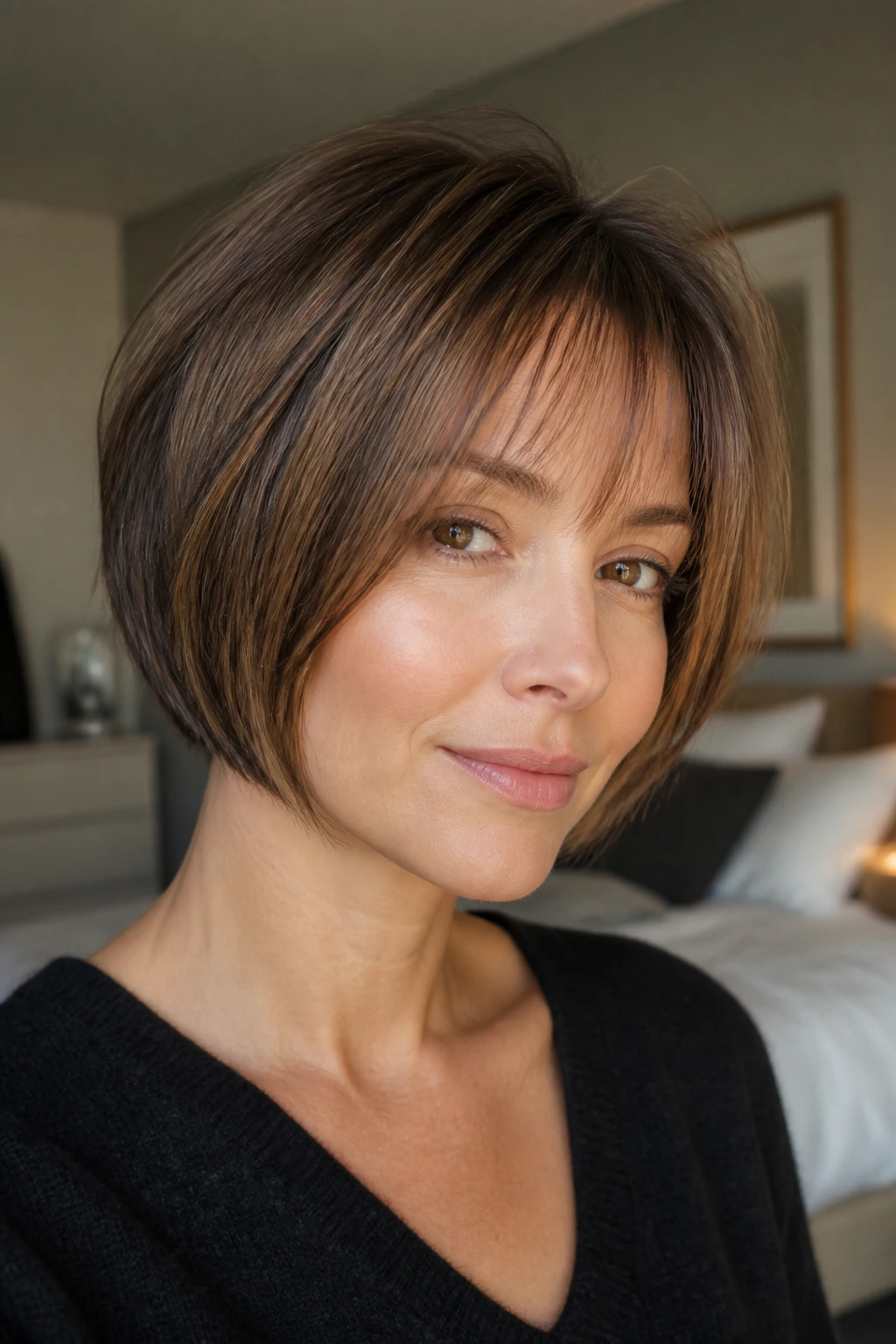 Close-up portrait of real woman with inverted bob wispy bangs