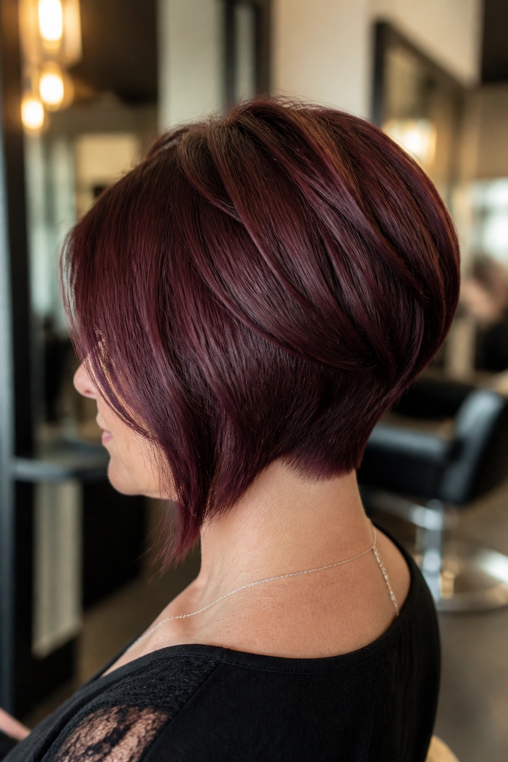Rear three-quarter portrait of a real woman with inverted burgundy bob showing stacked nape