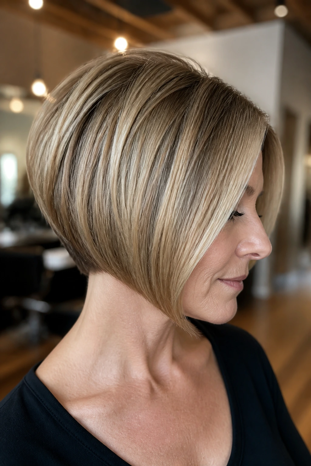 Real woman with chin-length inverted bob and lifted back in warm salon light
