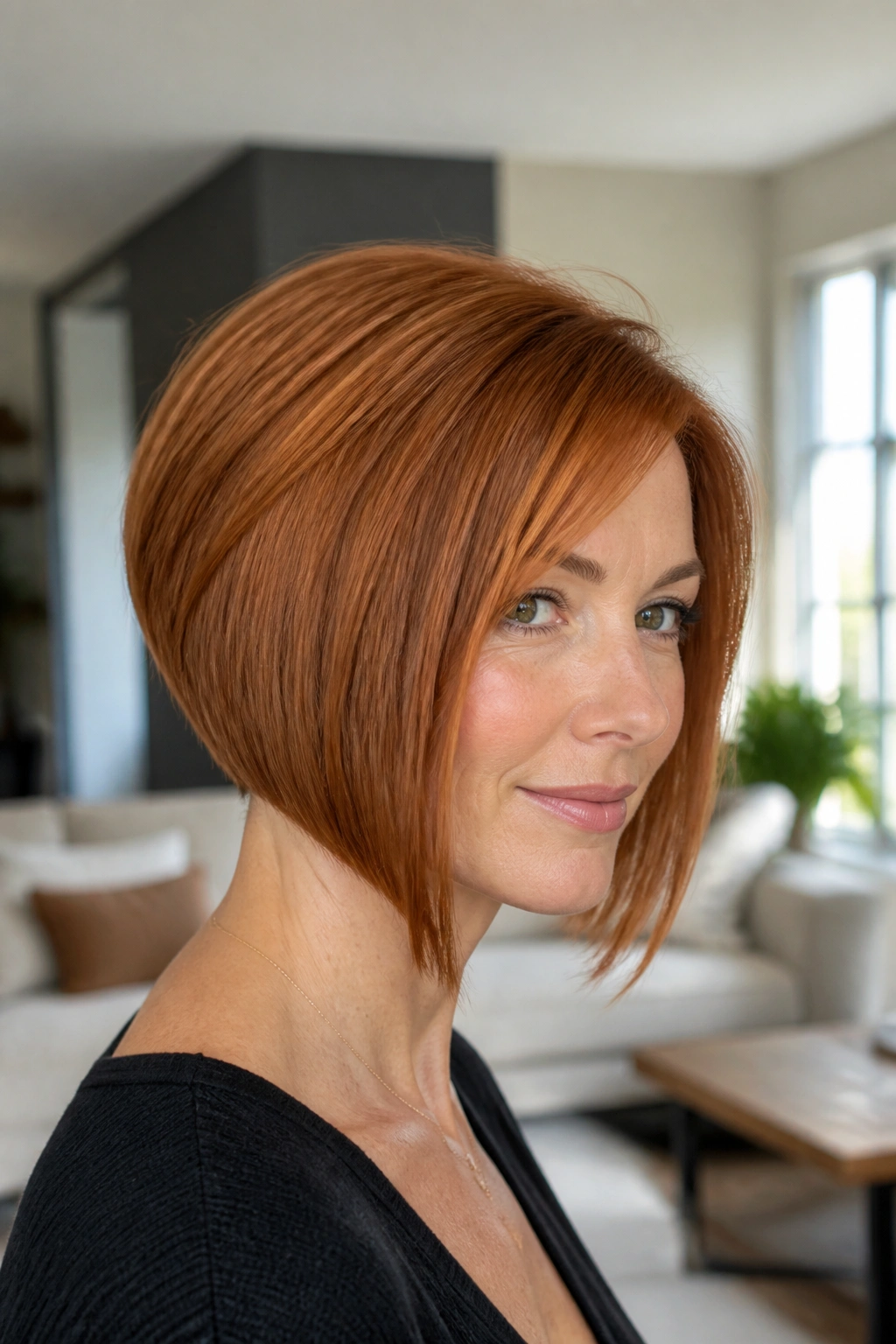 Real person with inverted copper bob showing shorter back and longer front.