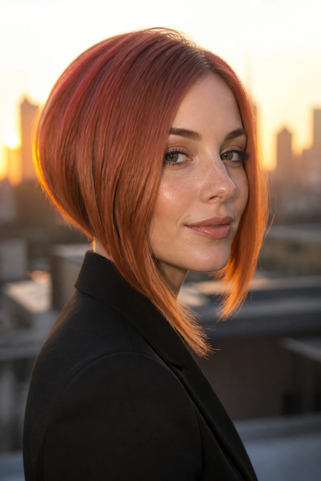 Close-up portrait of a real woman with inverted copper bob hairstyle