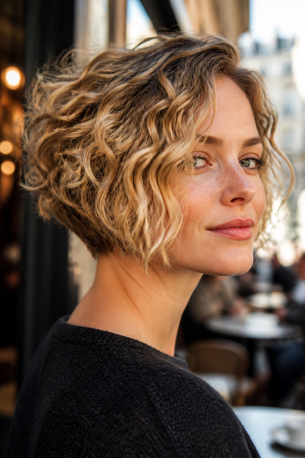 Real woman with inverted curly bob in an urban cafe setting.