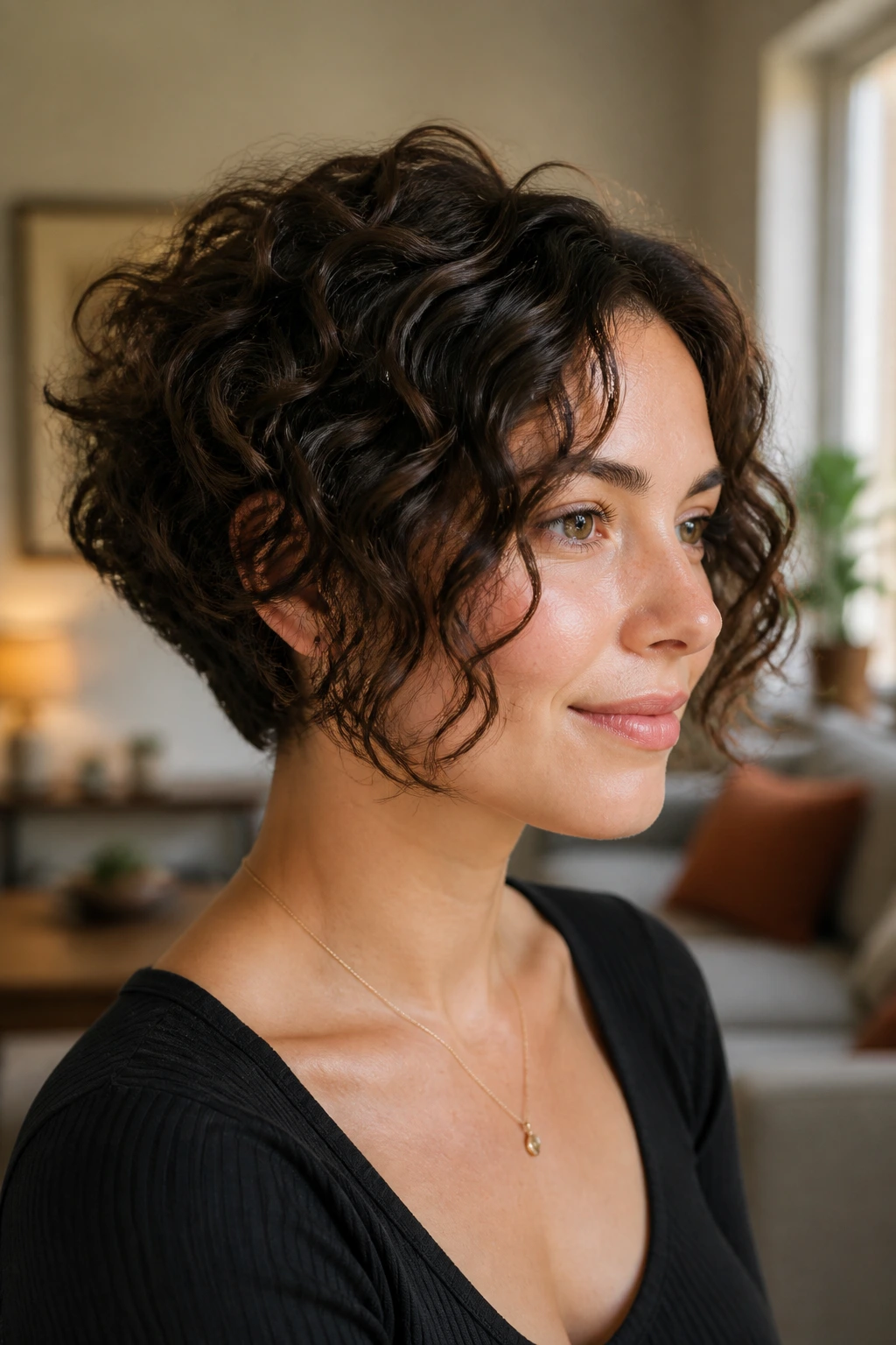 Close-up portrait of a real woman with an inverted curly bob featuring face-framing front pieces, natural window light.