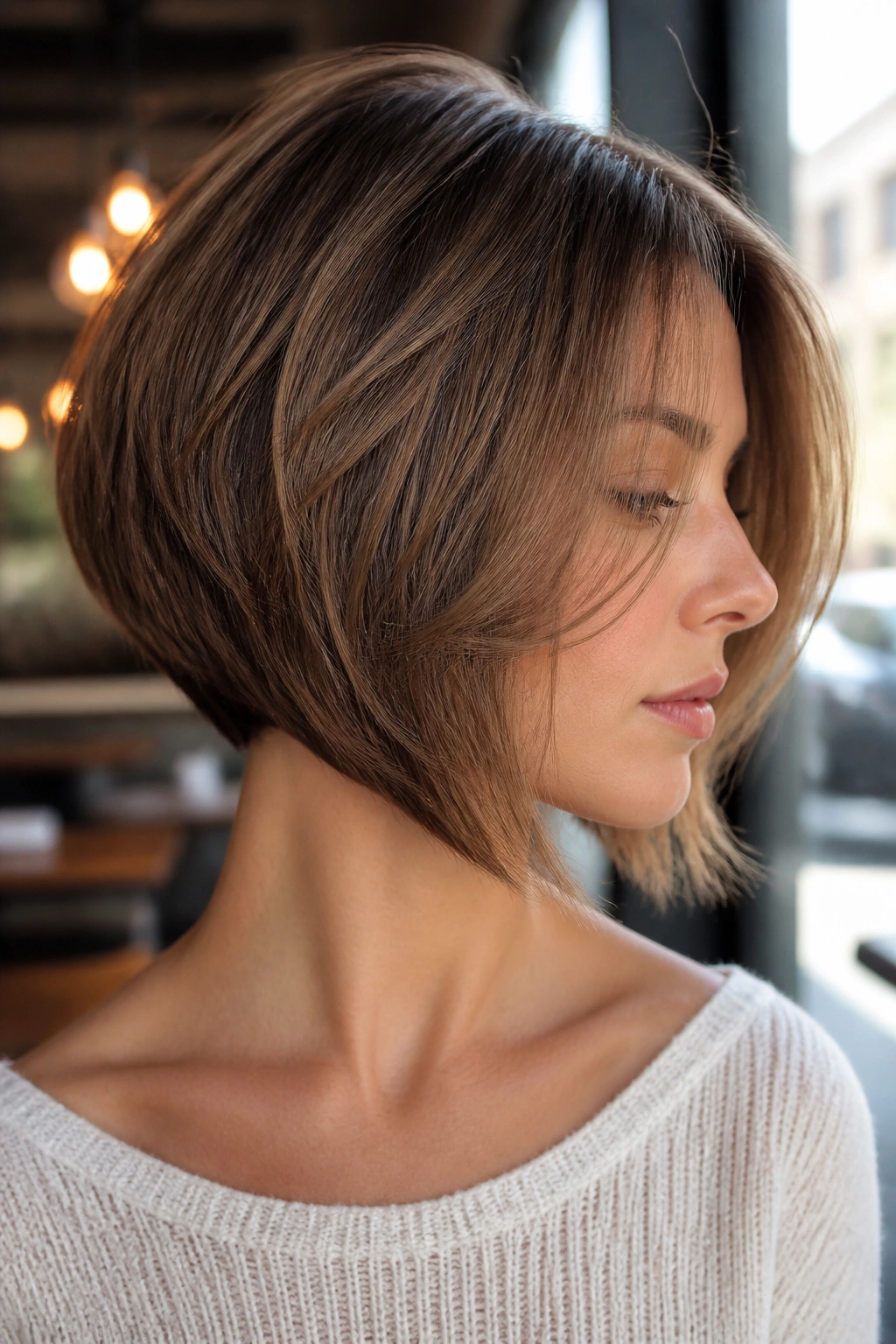 Close-up portrait of a woman with an inverted feathered bob by a cafe window