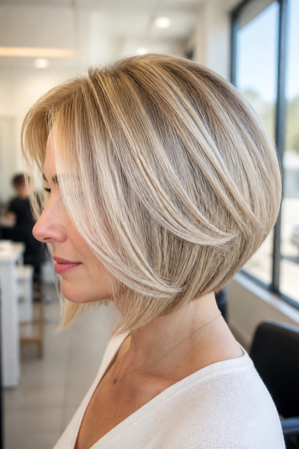 Close-up portrait of a real woman with Inverted Feathered Bob in a bright salon