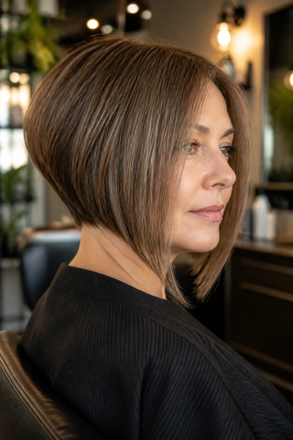 Portrait of a real woman with inverted French bob showing back lift and longer front