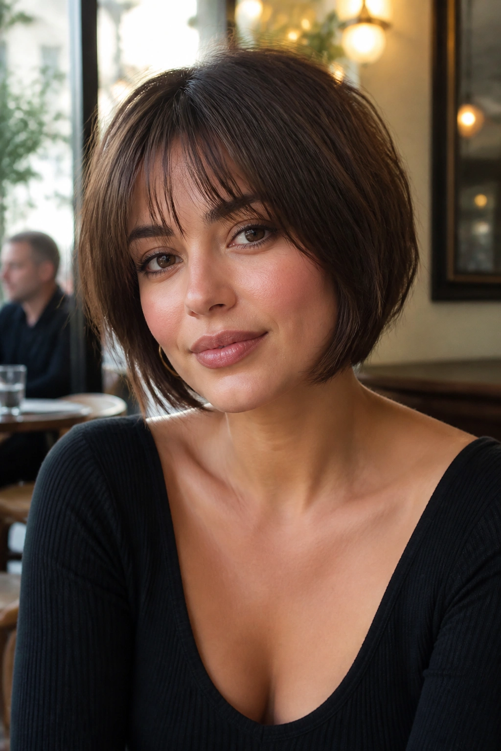 Close-up portrait of a woman with a soft inverted French bob and wispy fringe.