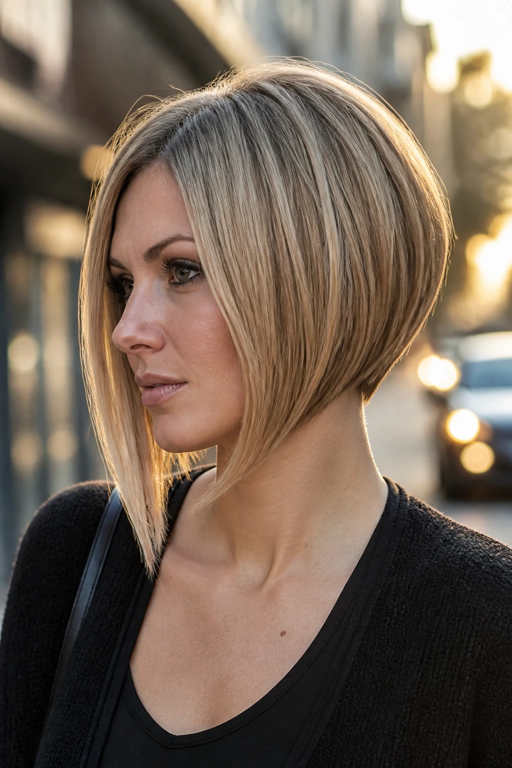 Portrait of a real woman with an inverted graduated bob showing a sharp angle