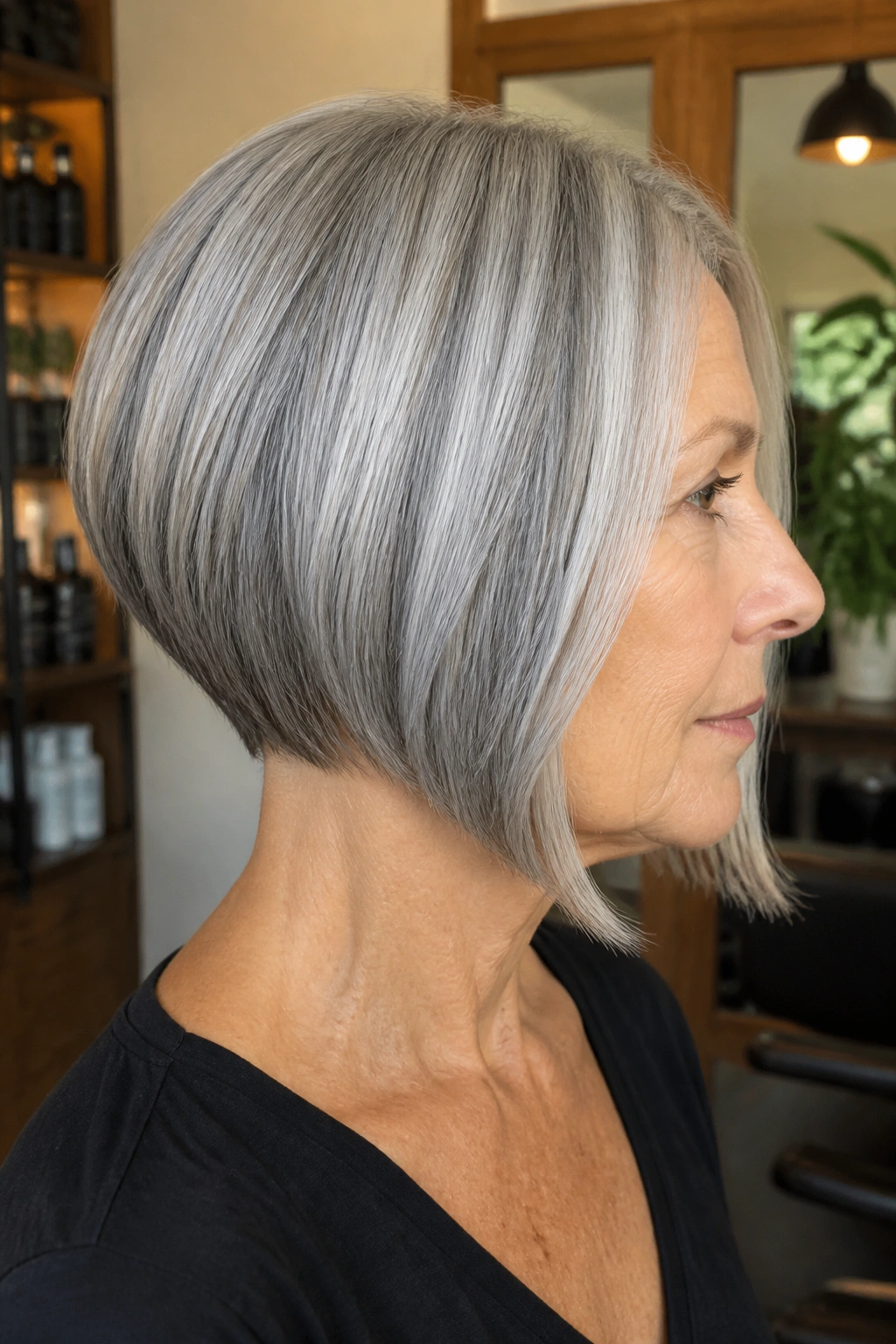 Close-up portrait of a real woman with an inverted gray bob showing a short nape and longer front.