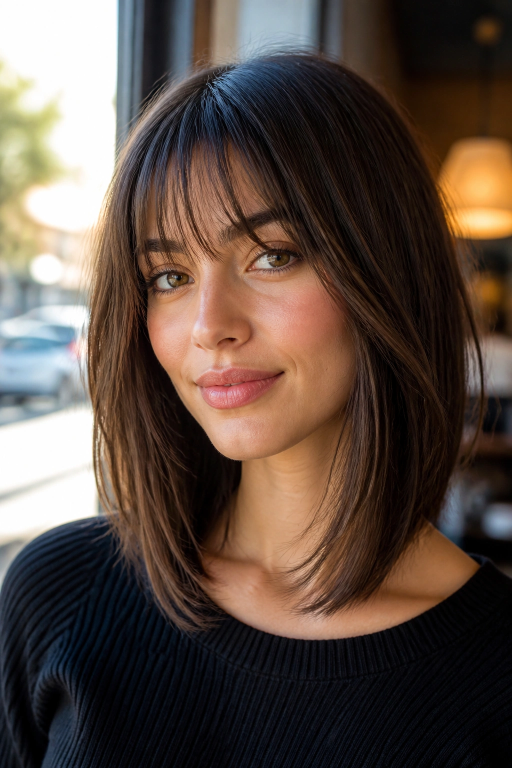 Close-up of a real woman with a shoulder-skimming inverted lob and airy bangs in natural light