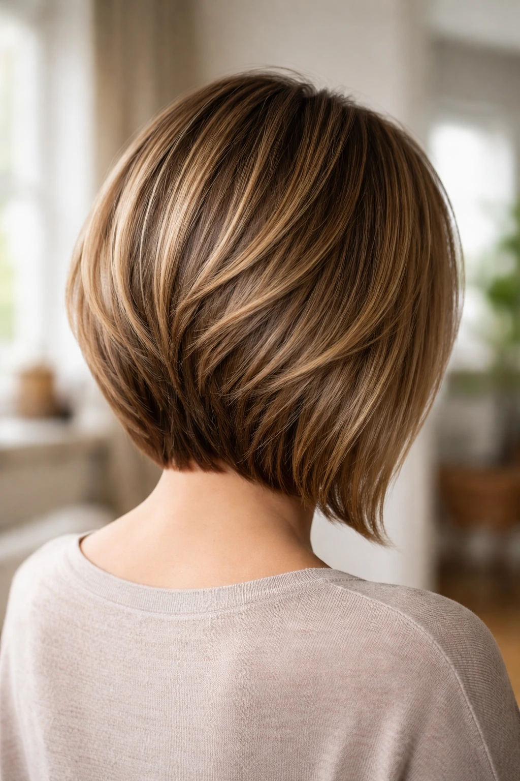 Back view of a real woman with stacked inverted lob showing crown height