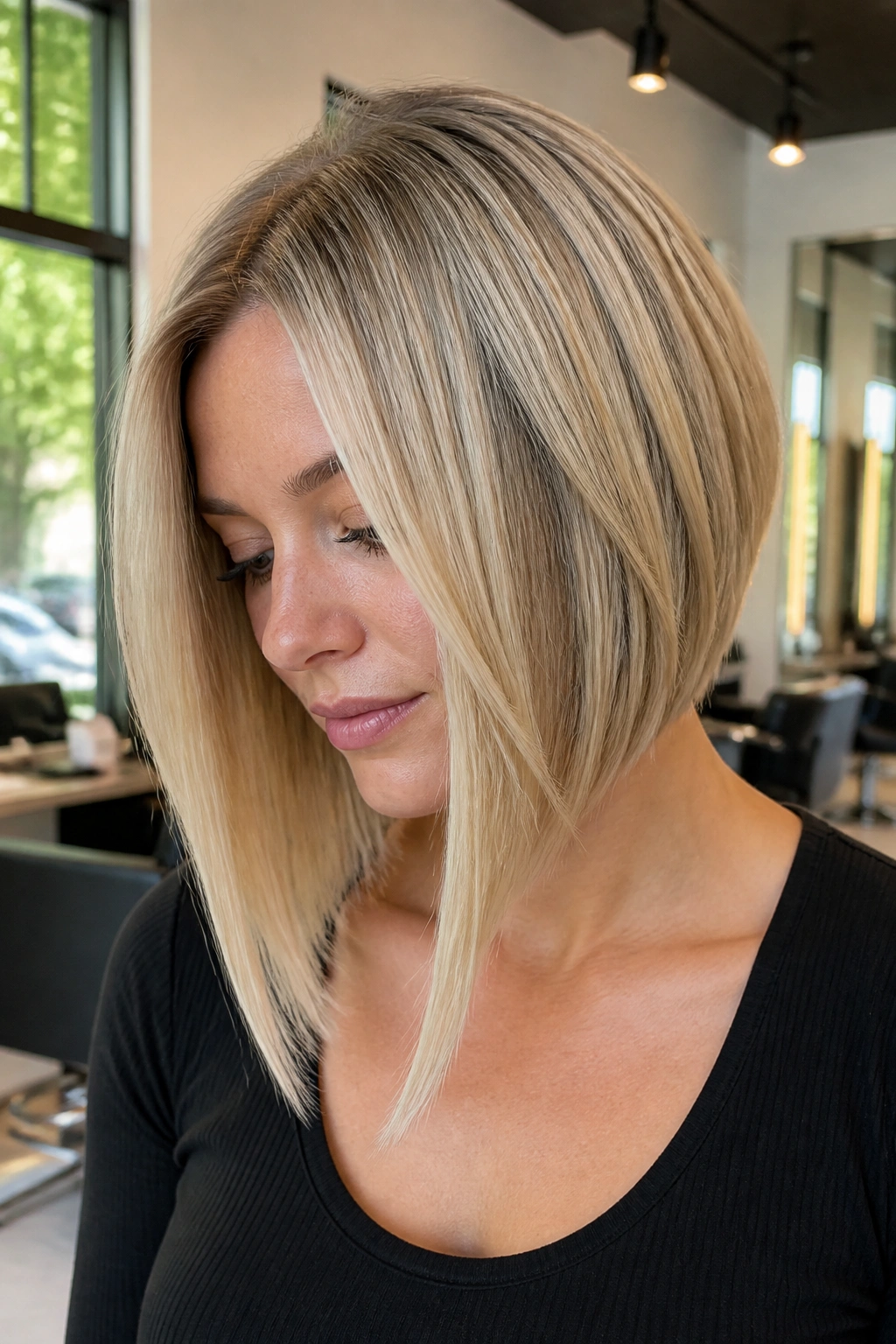 Close-up portrait of a woman showing an inverted lob with longer front pieces in blonde tones.