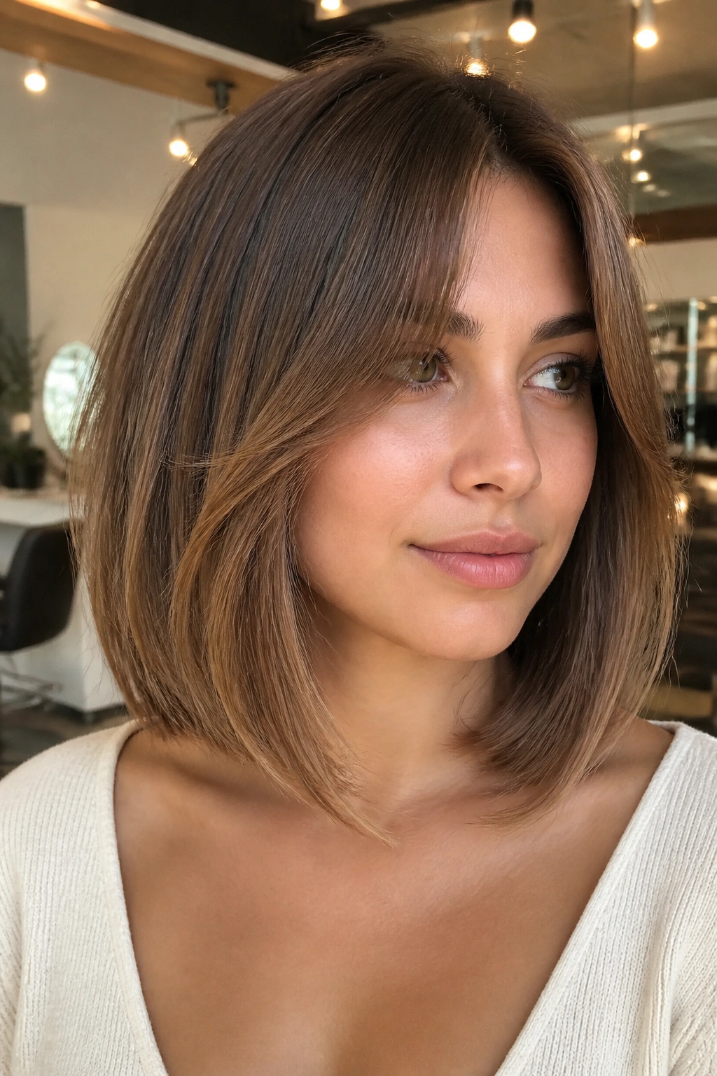 Medium close-up of a woman with collarbone-length inverted lob and curtain bangs
