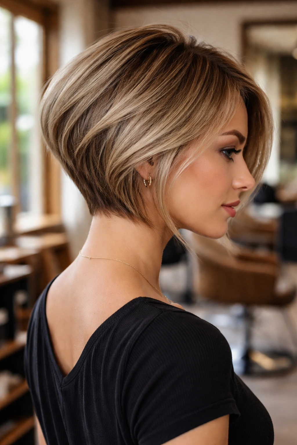 Close-up of inverted lob haircut on a real woman in salon lighting