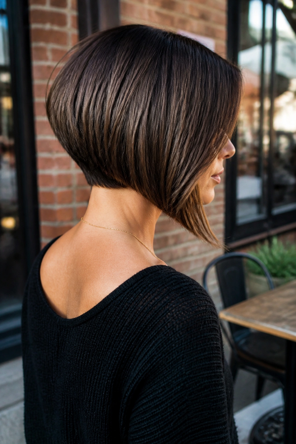 Rear three-quarter view of a real woman with an inverted lob hairstyle