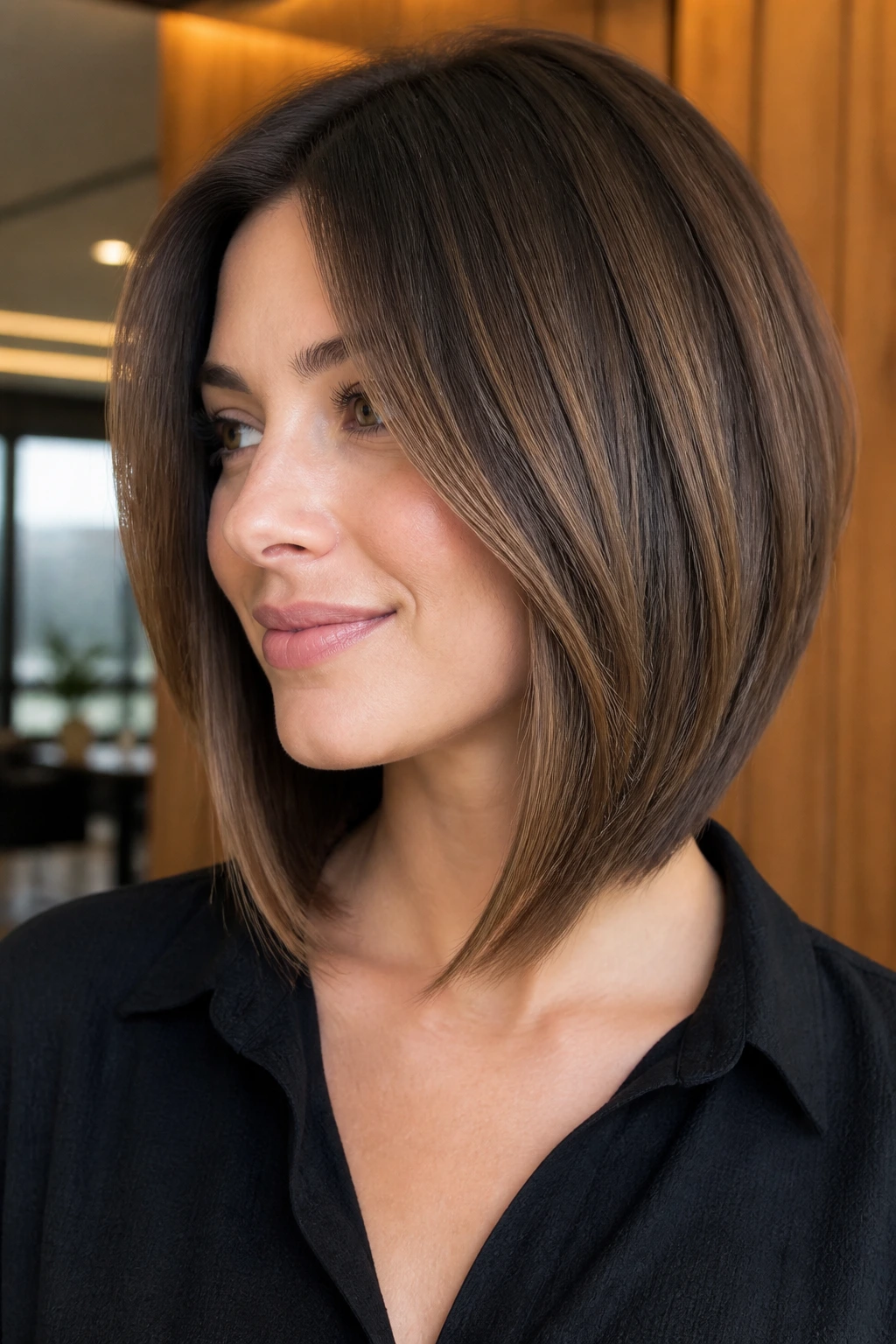 Close-up of a woman with a soft inverted lob and hidden graduation in a warm indoor space.