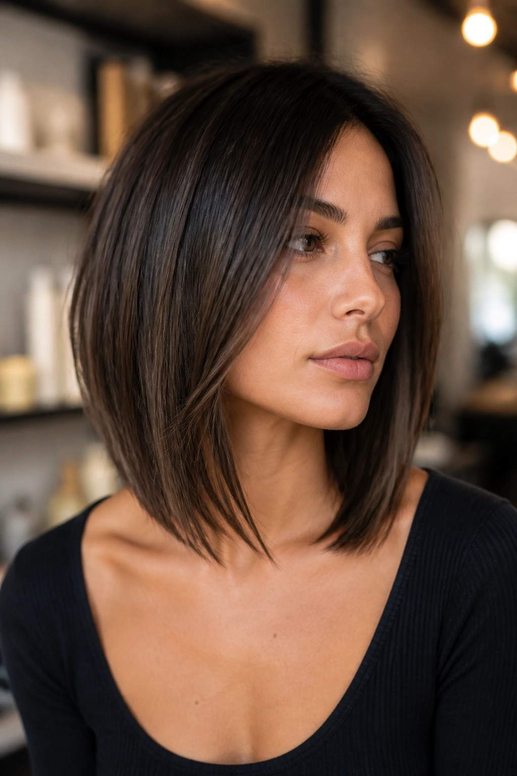 Close-up portrait of a real woman with collarbone-grazing inverted lob and invisible layers
