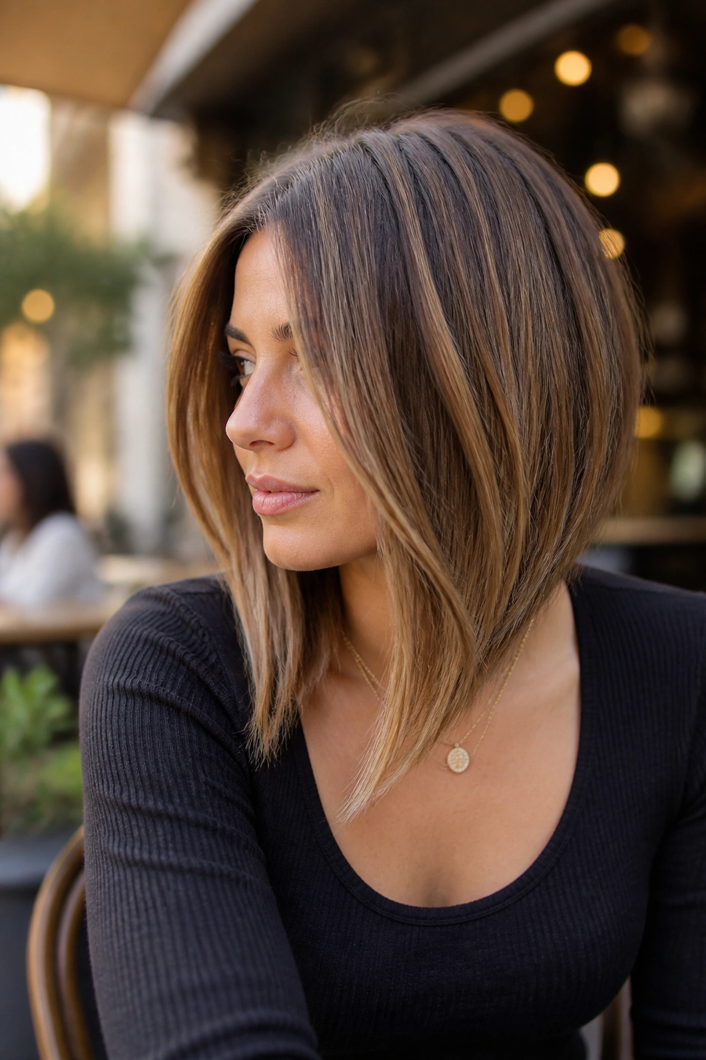 Close-up portrait of a real woman with inverted lob with longer fronts