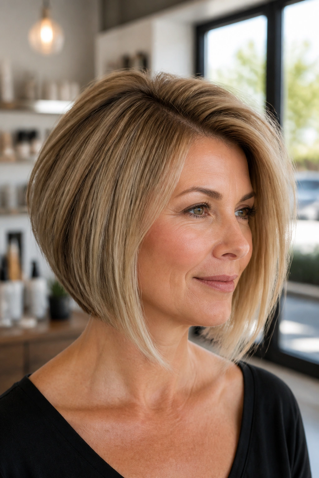 Close-up of a real woman with side-parted inverted lob and root lift, natural light