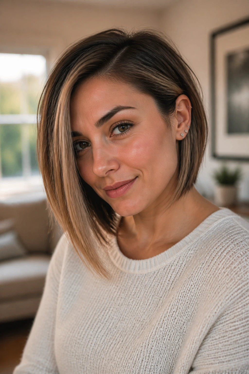 Close-up of a real woman with an inverted lob and side tuck.