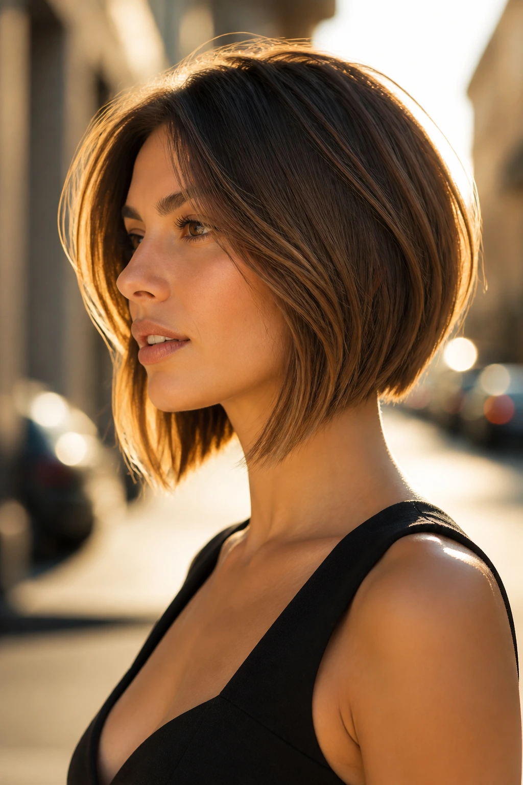 Three-quarter portrait of a person with inverted lob and soft ends.