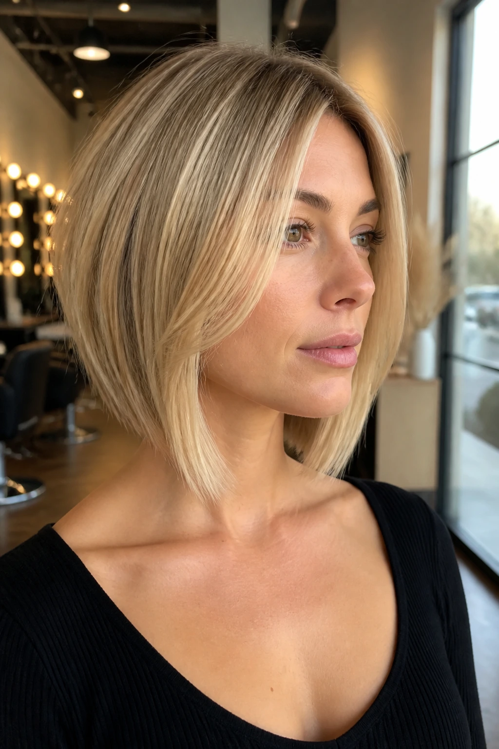 Close-up of a real woman's collarbone-length inverted lob with soft graduation in warm salon light