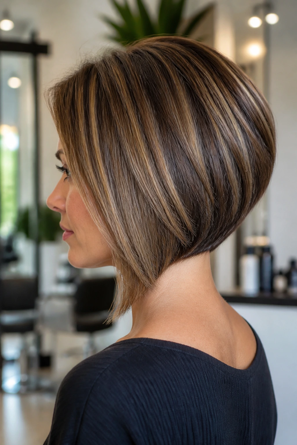 Profile portrait of a real person with an inverted lob and stacked back silhouette.