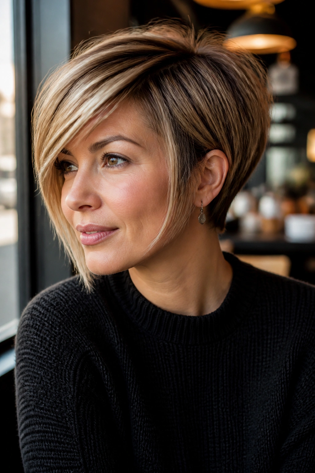 Close-up portrait of a woman with an inverted pixie bob and cheekbone-focused styling.