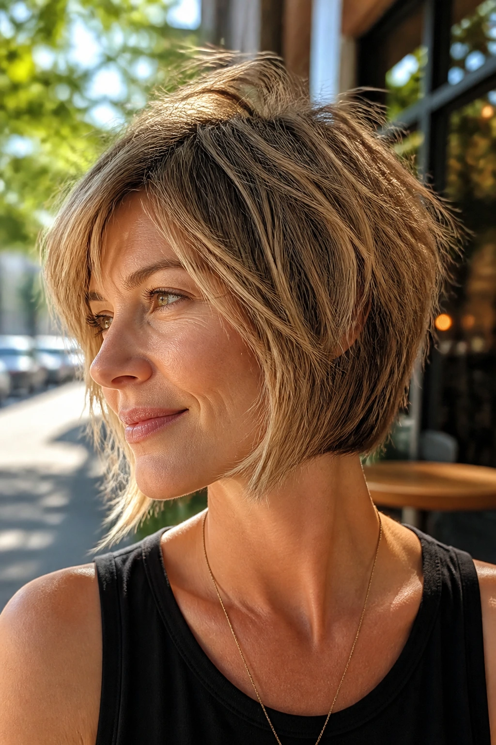 Portrait of a real person with inverted shag bob and choppy crown texture.