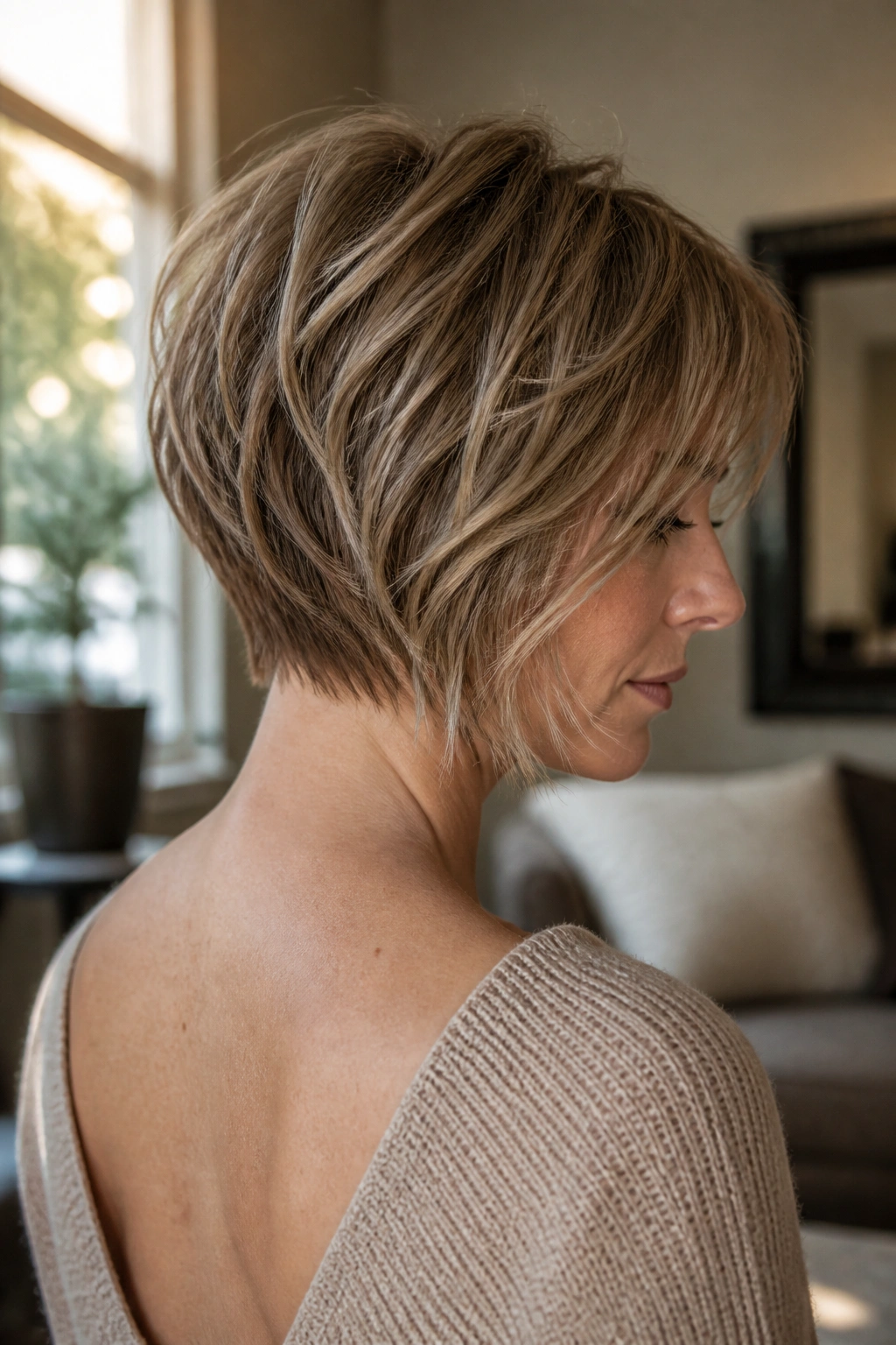 Close-up of Inverted Shag Bob with shorter back on a real woman