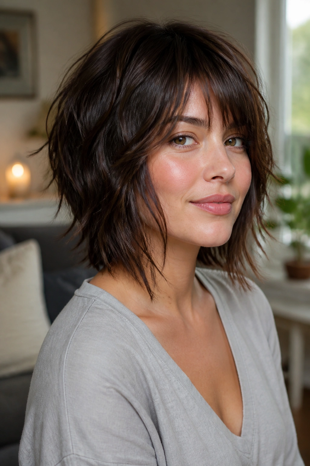 Close-up of a real woman with an inverted shag and soft broken layers.