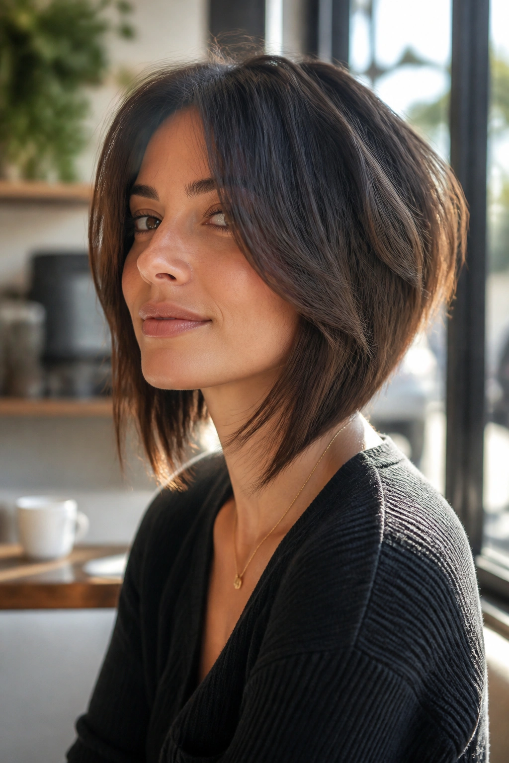 Real woman with inverted shag featuring longer front pieces framing her face in a cafe window light setting