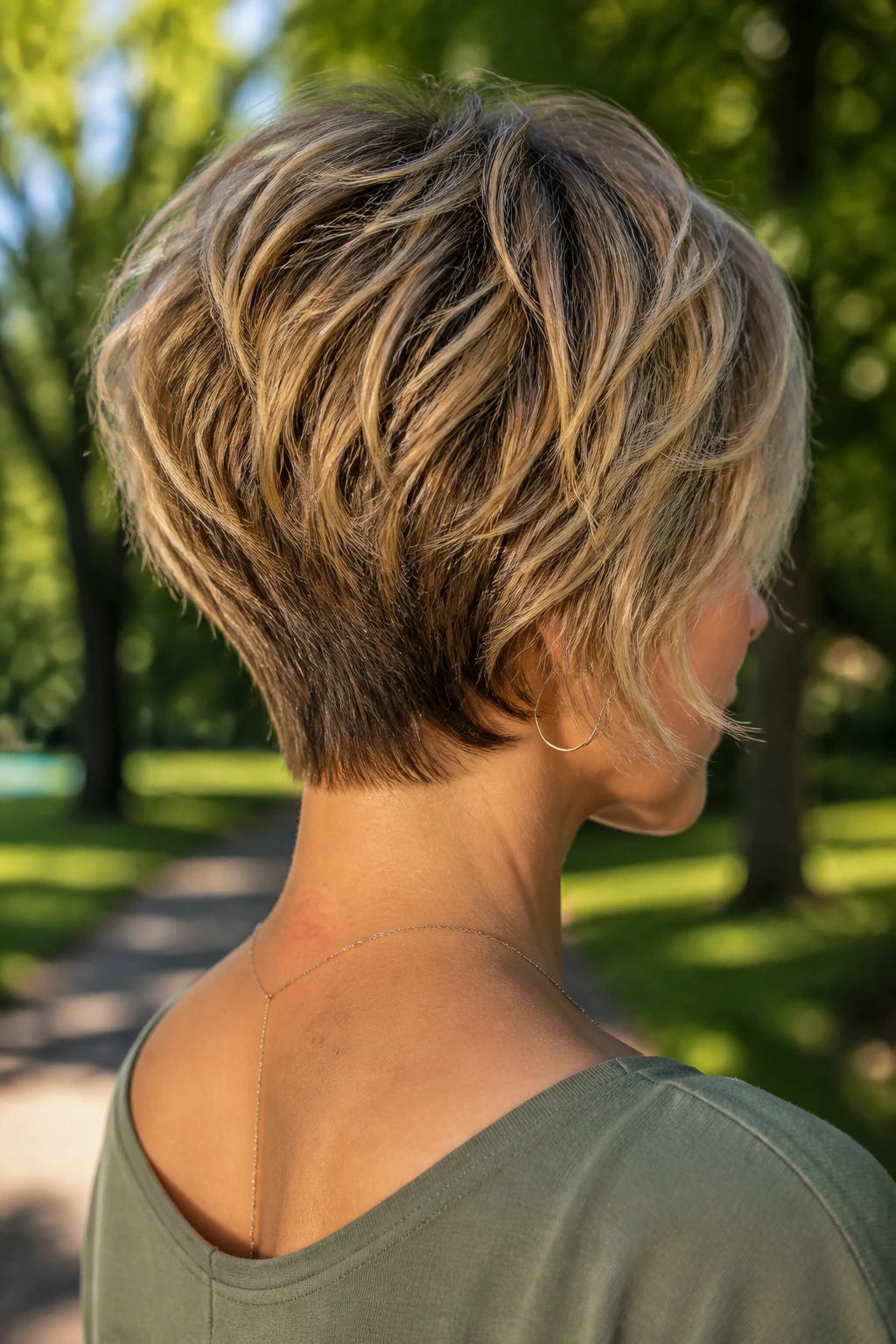 Back-of-head portrait of real person showing inverted shaggy pixie in a park