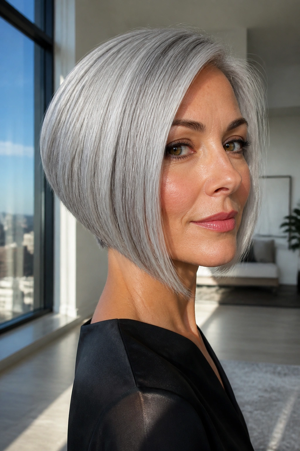 Close-up portrait of a real person with an inverted silver bob in daylight