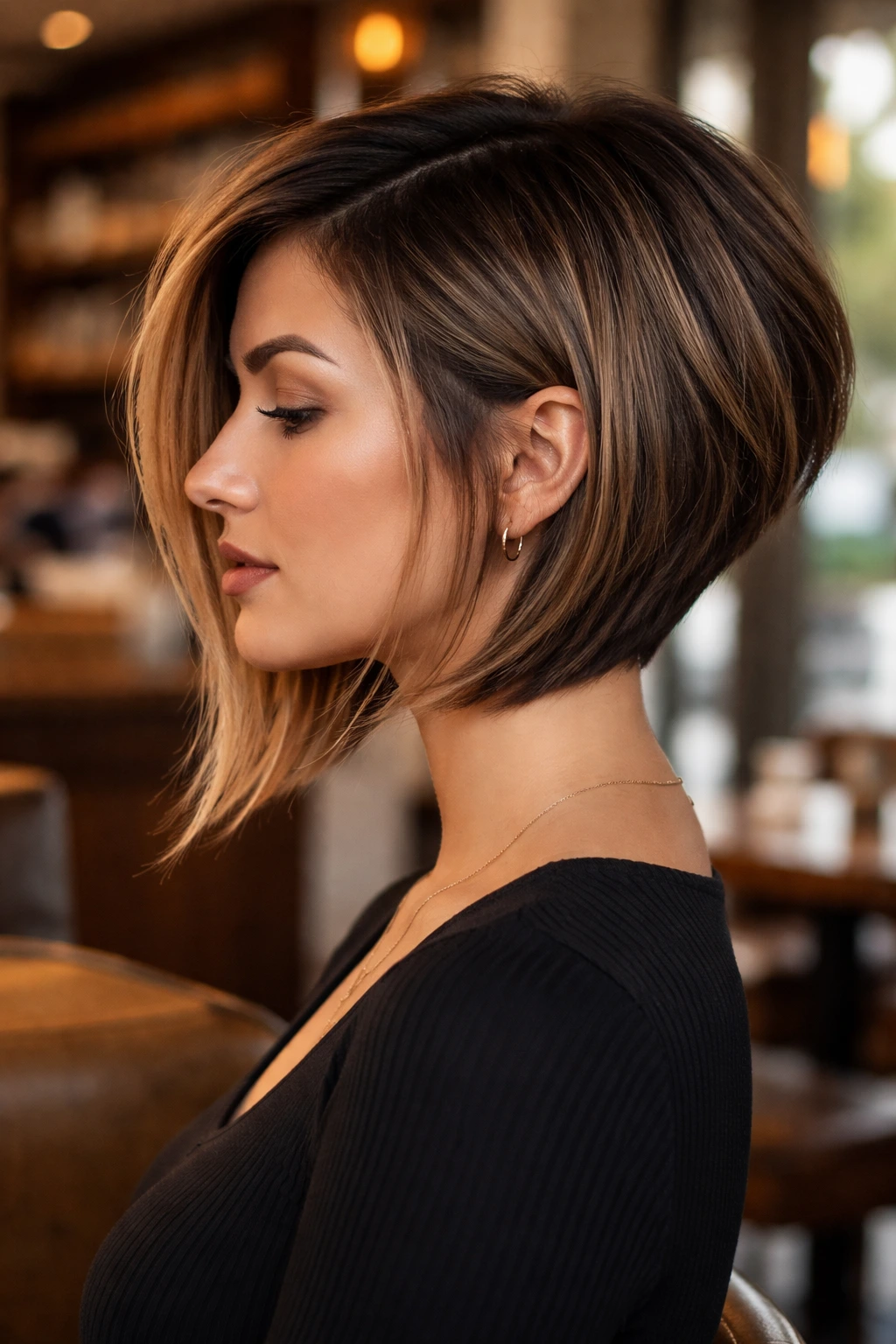 Real person with inverted stack bob in modern cafe setting.