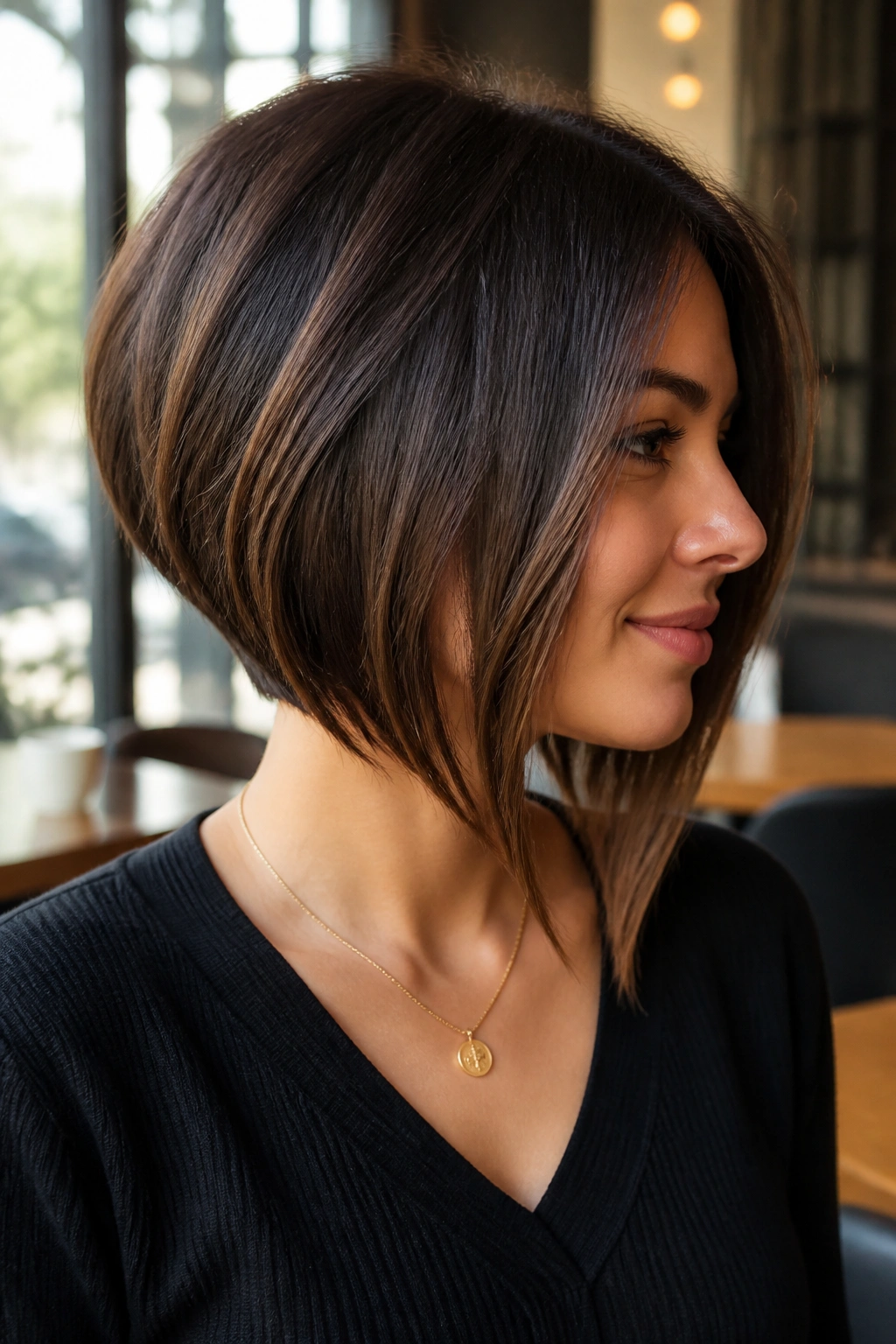 Real woman with inverted stacked bob featuring longer front pieces and angled silhouette