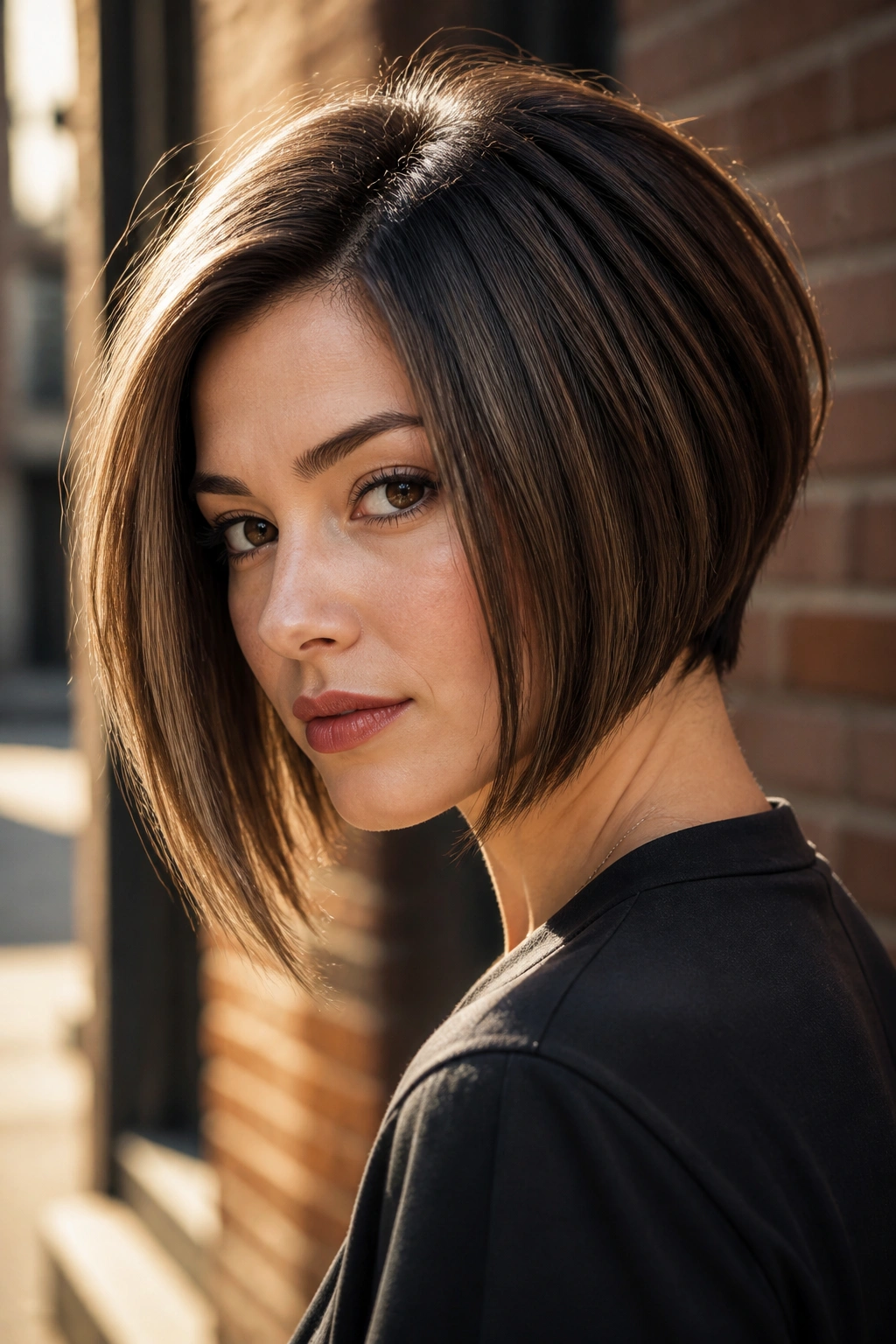 Portrait of woman with inverted stacked bob and sharp front in urban light