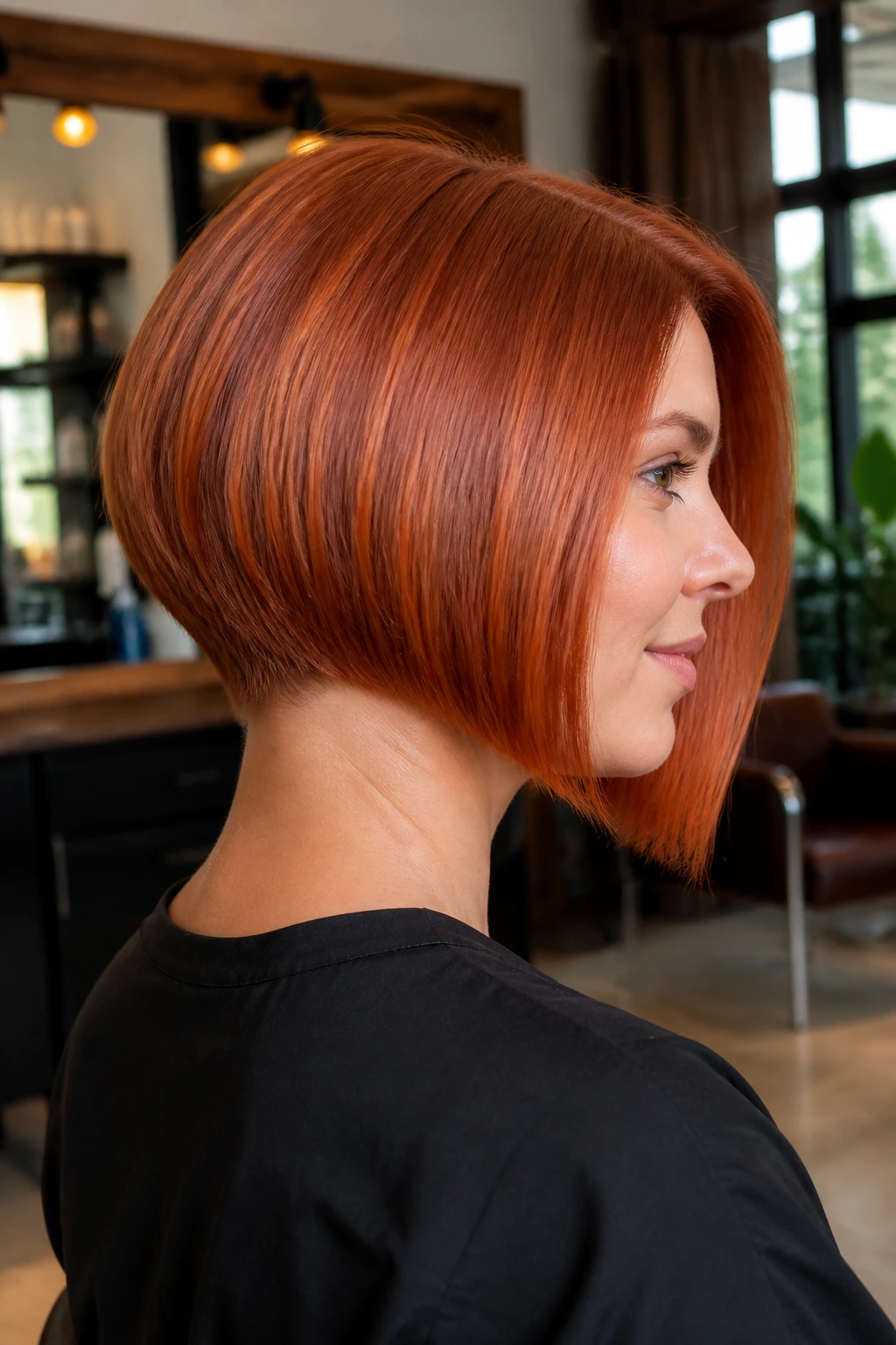 Close-up of a real woman with an inverted strawberry bob showing a short nape and longer front