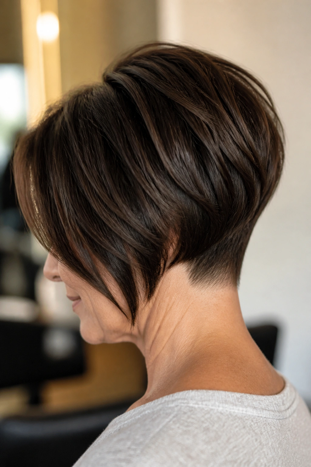 Close-up of real woman with inverted wedge bob and tapered nape in salon lighting