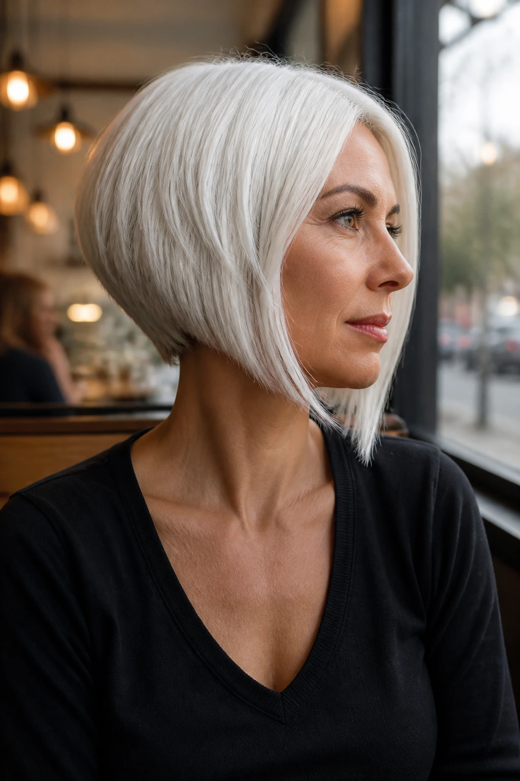 Close-up portrait of a real woman with inverted white bob, natural lighting