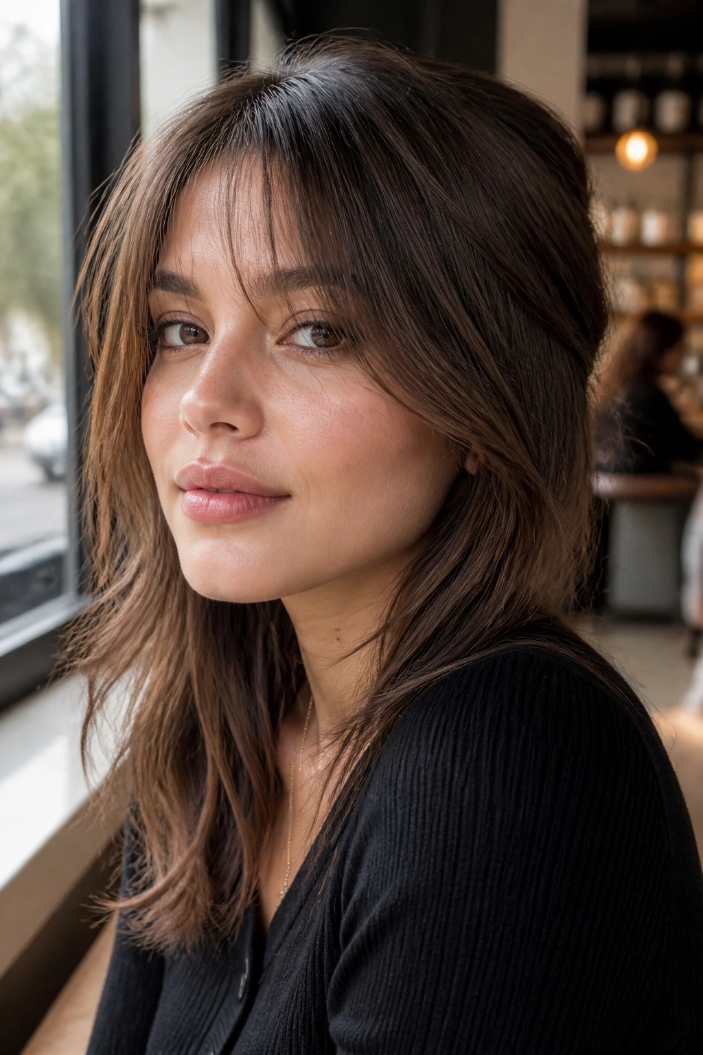 Close-up of a woman with discreet bangs blended into face layers at a cafe window
